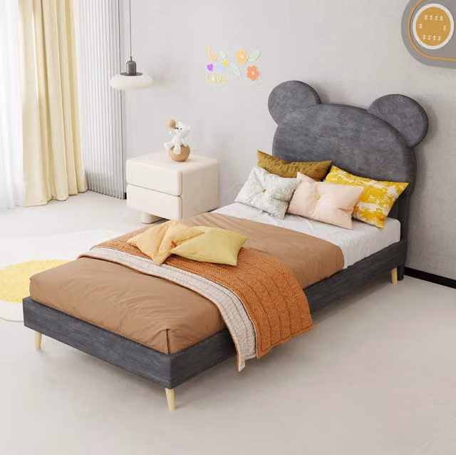 Letto singolo imbottito per bambini 90x200 cm con contenitore a pistoni; tessuto grigio