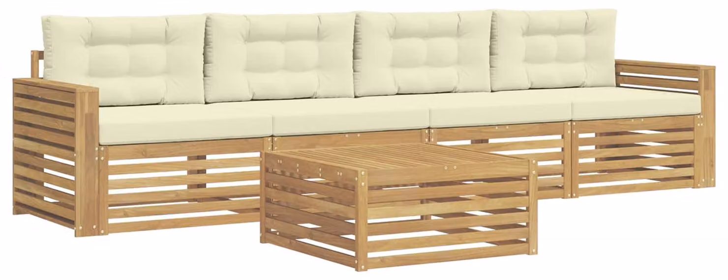Set di divani da esterno, 5 pezzi, bianco e crema