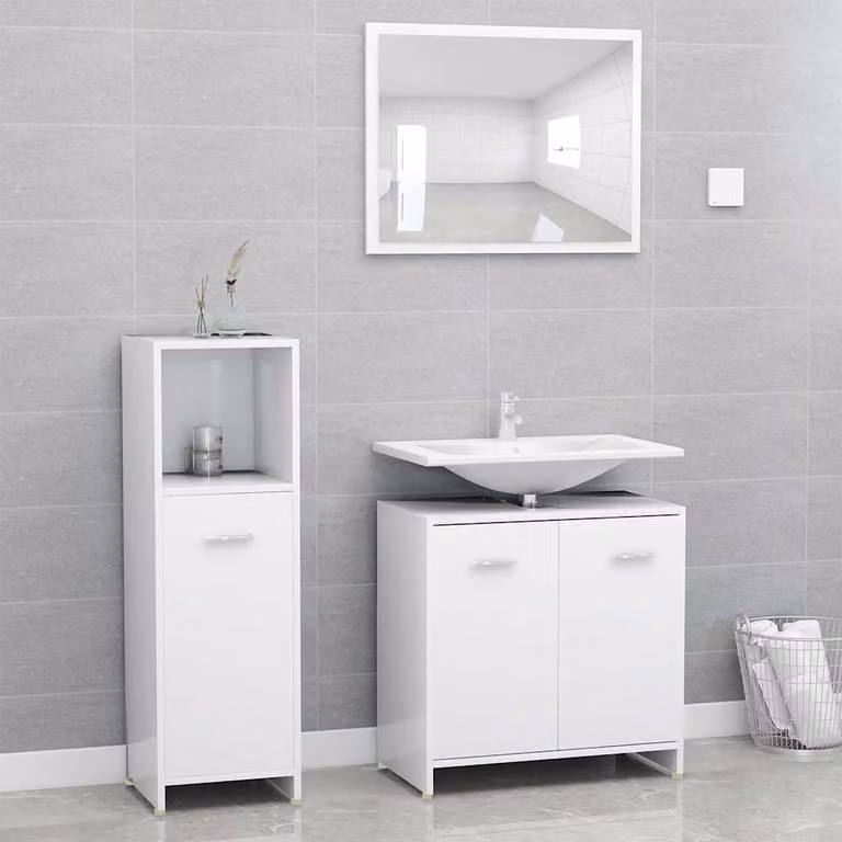 Set di mobili da bagno moderno vidaXL in legno MDF bianco lucido composto da 4 pezzi con mobile sottolavabo e pensili a muro