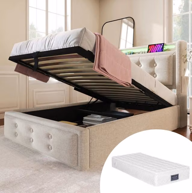 Letto singolo 90x200 cm con contenitore; LED e USB-C; in cotone e lino; beige