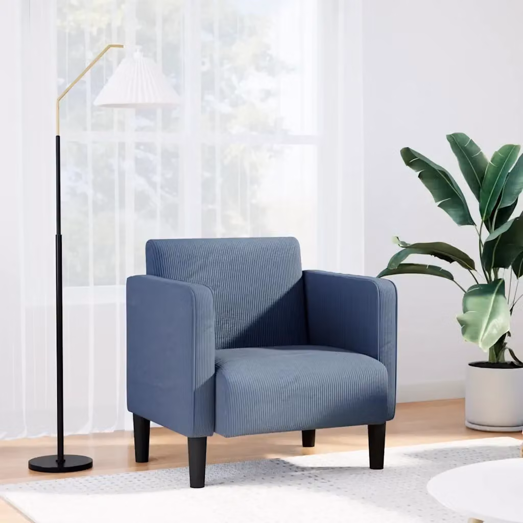 Poltrona Lounge Blu in Velluto a Coste con Braccioli e Design Moderno – 2