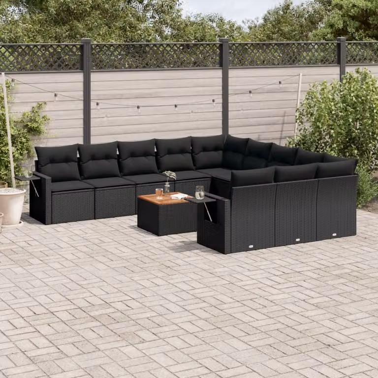 Set di divani da giardino vidaXL in polyrattan nero con cuscini e tavolino da esterno