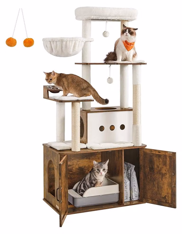 Albero per gatti con mobile per lettiera, torre per gatti, bianco/marrone, 80 x 49 x 170 cm