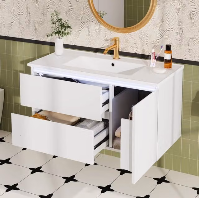 Mobile sottolavabo sospeso ULEVR 91x46,5x50,5 cm con lavabo in ceramica, 2 cassetti, LED con sensore radar, bianco