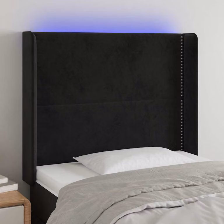 Testiera per letto vidaXL in velluto nero con illuminazione LED integrata e porta di ricarica USB, L 103 cm, P 16 cm, H 118-128 cm