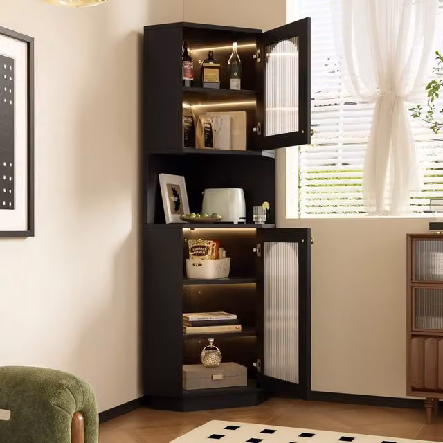 Armadietto da bagno angolare Minimal con luce integrata e ripiani regolabili, Nero opaco, L/P/H: 45 x 45 x 166,5 cm – 1