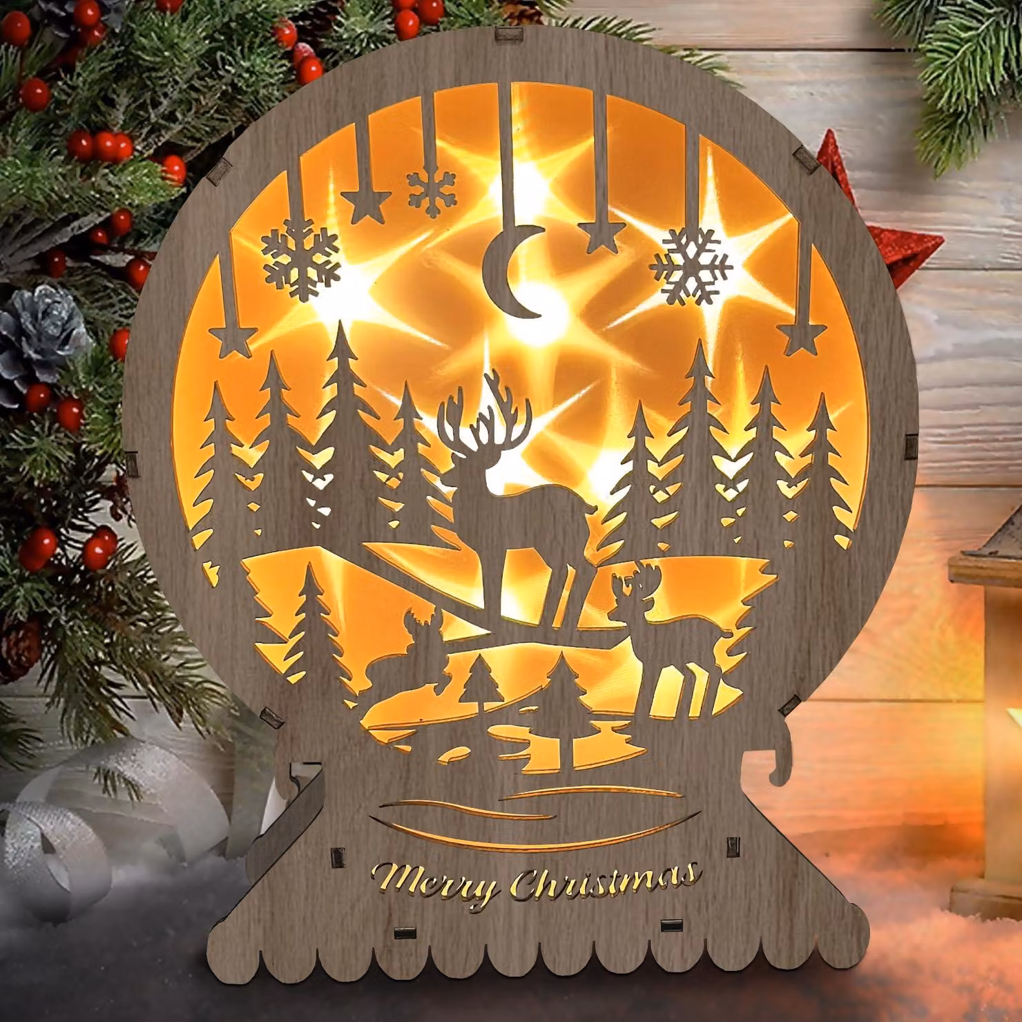 Decorazione in legno con luci LED, luce bianco caldo, 10 LED, dimensioni 20,5x6,5x24 cm