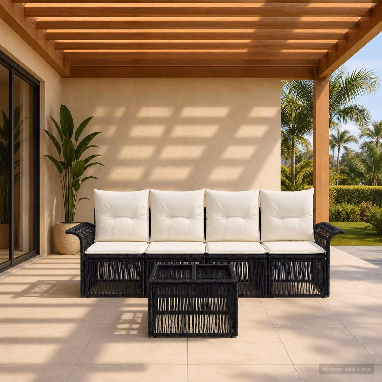 Set Divano da Giardino vidaXL 5 Pezzi Moderno in Polyrattan Nero con Cuscini e Tavolino