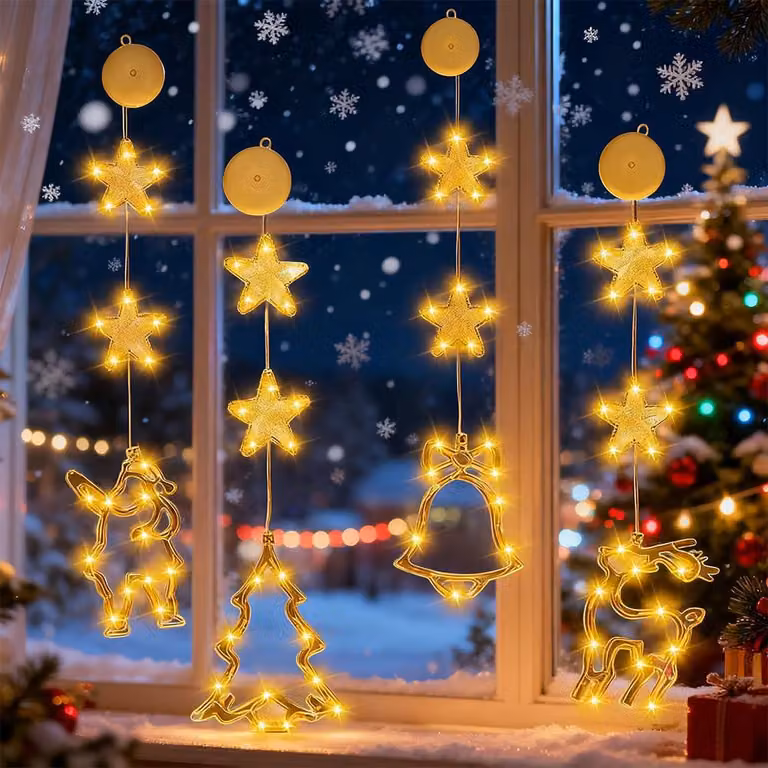 Set di 4 luci a LED per finestre, ideali per Natale, luce bianco caldo, alimentate a batteria