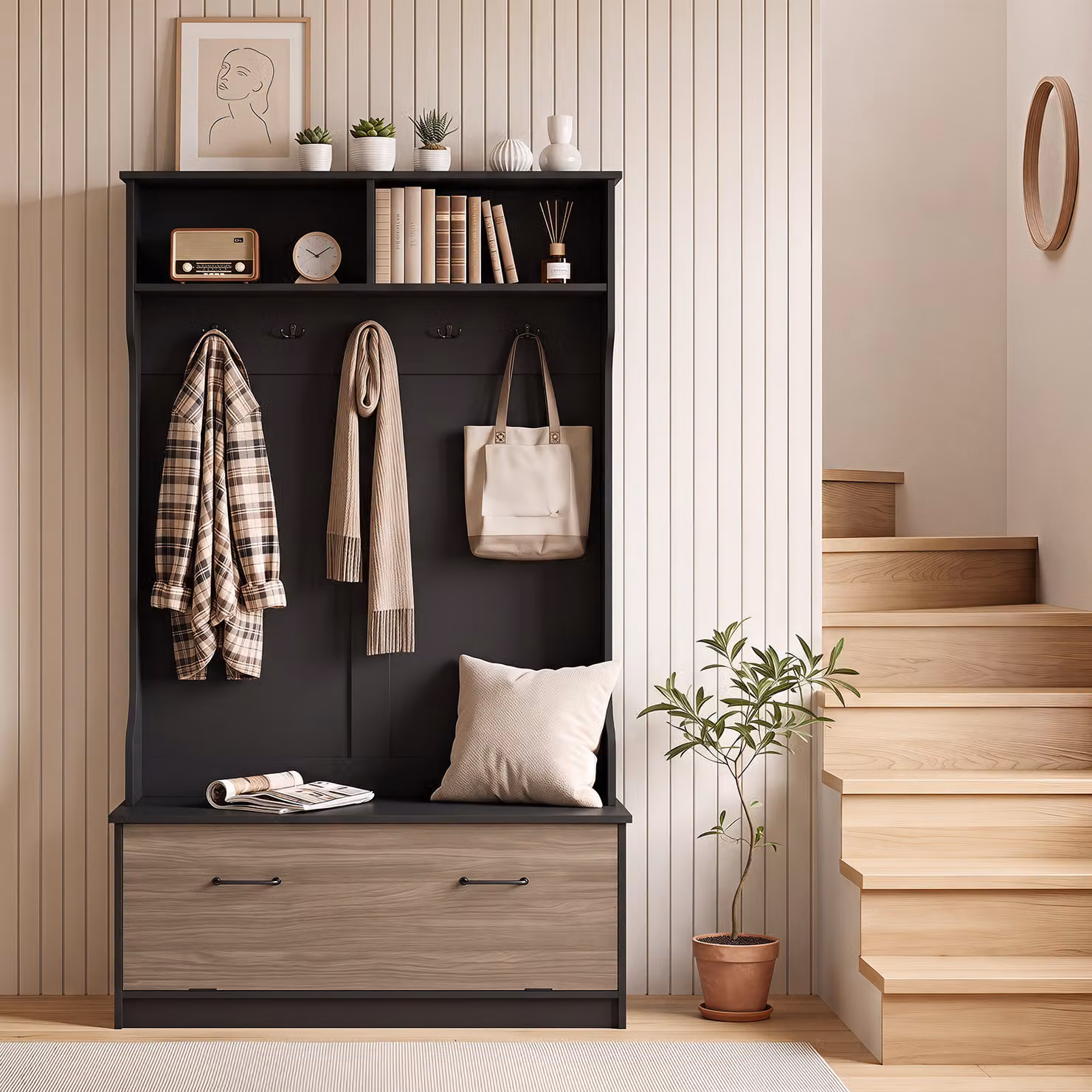 Costway Appendiabiti da terra con panca porta scarpe in legno per ingresso e corridoio, Nero opaco