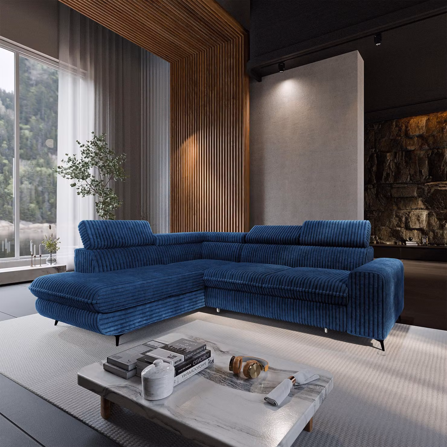 Divano ad angolo Masseno VELISS con funzione letto a L, divano con contenitore, divano da salotto, divanetto, divano letto, set divani - Blu, TILIA 77