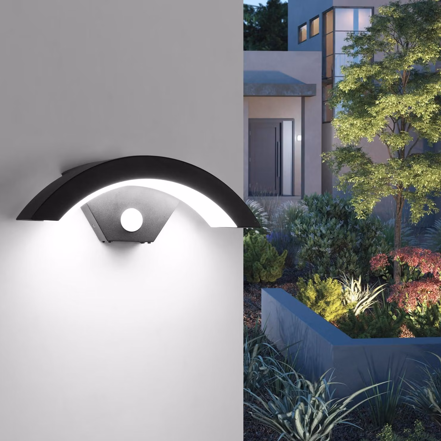 Lampada da parete esterna a LED, 24W, con sensore di movimento, 6500K, grado di protezione IP65, colore nero