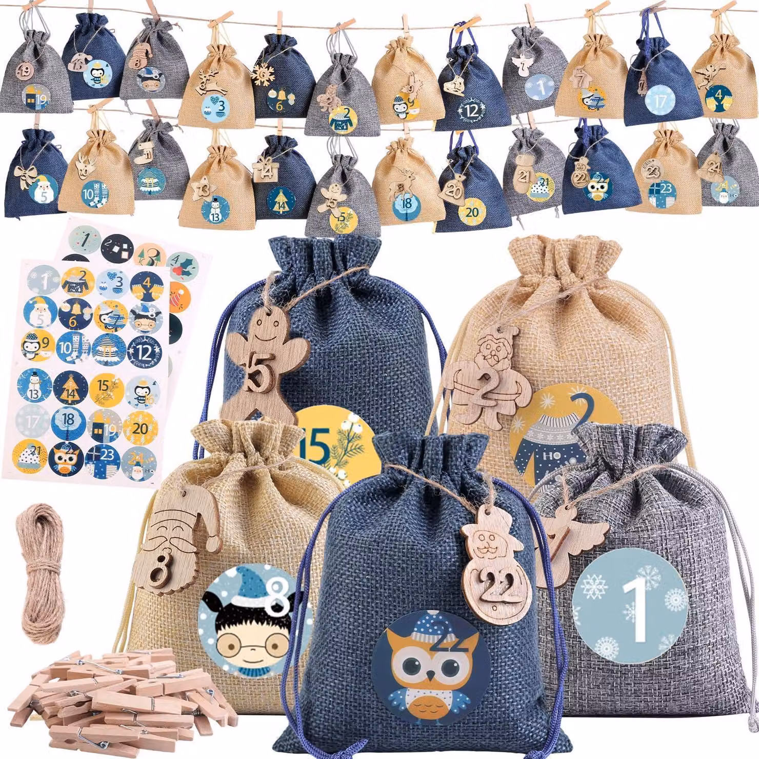 Calendario dell'Avvento da riempire, 24 pezzi. Calendario di Natale 2026, dimensioni 12x15 cm. Sacchetti regalo, colore blu