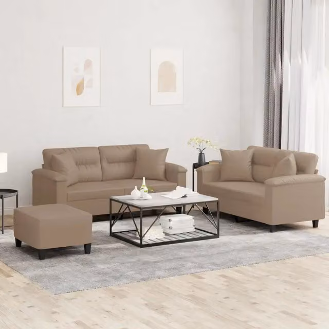 Set di divani 3 pezzi vidaXL in similpelle beige con cuscini per soggiorno moderno – 1