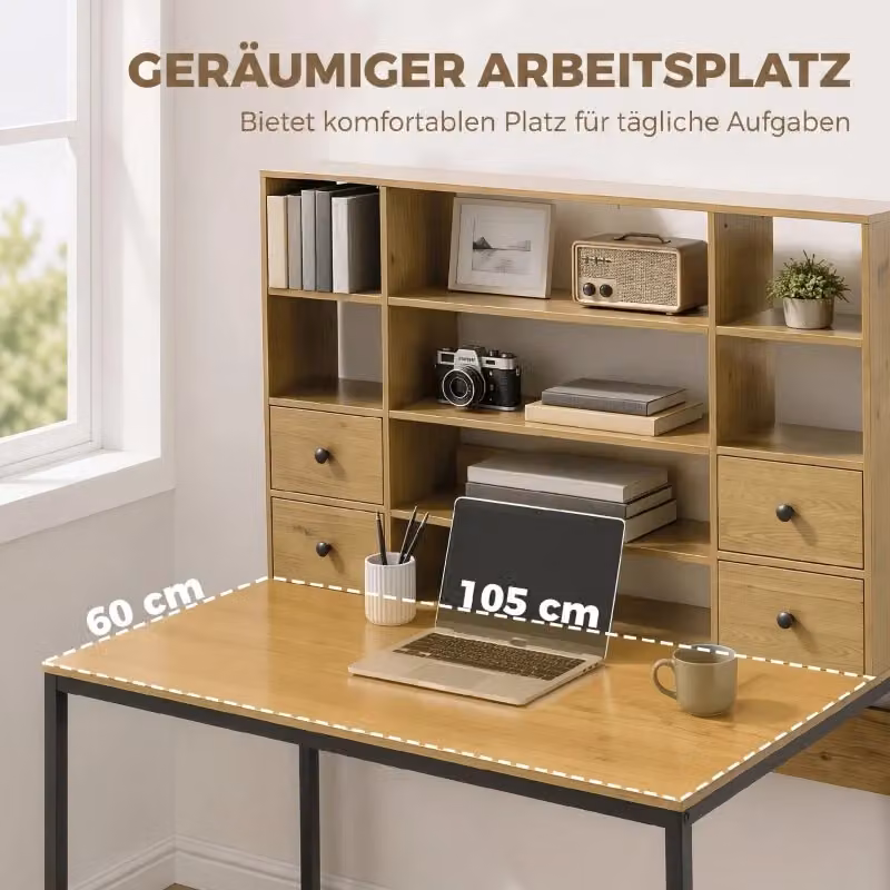 Scrivania WISHDOR per computer e ufficio in legno e metallo, colore marrone, L: 105 cm, P: 60 cm, H: 74 cm – 2