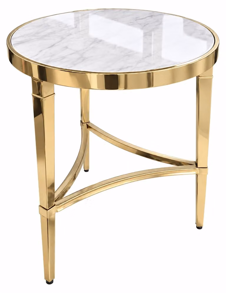Tavolino da caffè moderno, color oro, in metallo e pietra artificiale, con design che ricorda il marmo. Tavolino ausiliario