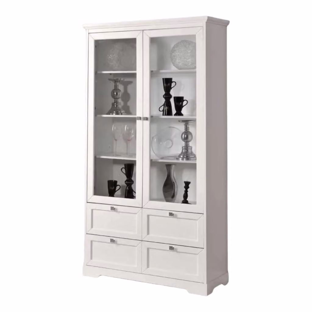 Vetrina Shabby Chic in Legno di Pino con Ante in Vetro e Cassetti Mobili 2G Bianco Opaco L: 100 cm, P: 40 cm, H: 190 cm – 2