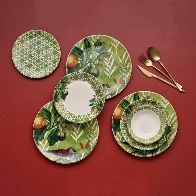 Servizio Piatti Nokadaka in Ceramica con Motivo Floreale, Set da 24 Pezzi, Verde