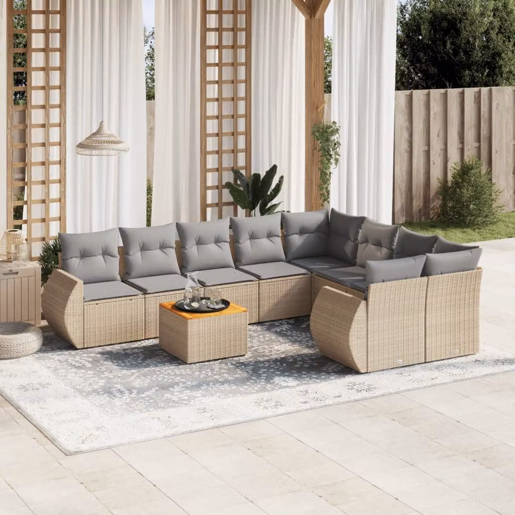 vidaXL Set Divano da Giardino a L 9 pz in Polyrattan con Cuscini Beige e Tavolino da Esterno – 1