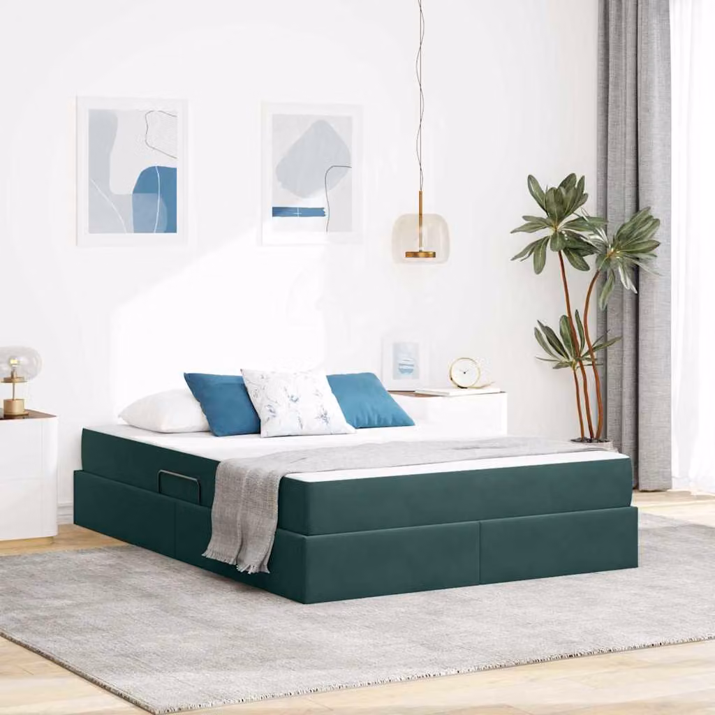 vidaXL Letto con contenitore e materasso ibrido in velluto verde L/P/H: 140 x 200 x 43,5 cm – 1