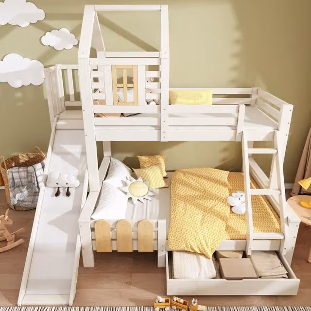 Letto a castello a 3 posti 90×200 cm e 140×200 cm, scivolo, cassetto e scala, senza materasso, bianco naturale
