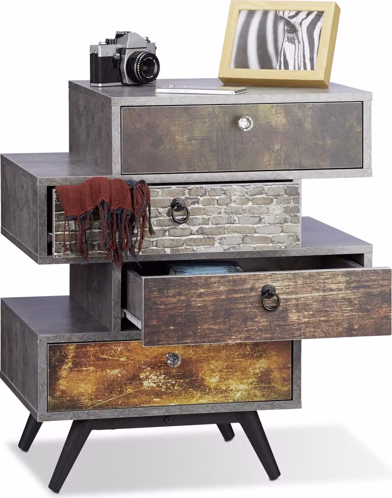 Comodà vintage Relaxdays a 4 cassetti, originale mobile basso effetto cemento, cassetti con motivi decorativi, LxPxA: 68x60x40 cm, grigio