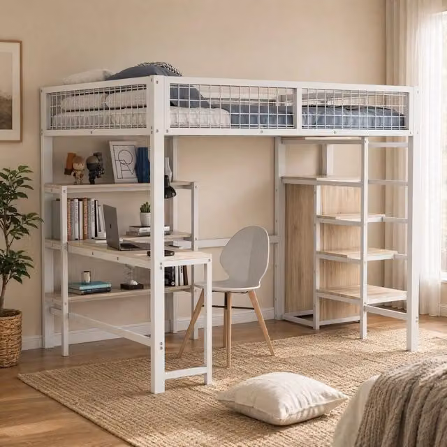 Letto a soppalco MIVRAY con scrivania, armadio e ripiani, struttura in metallo e MDF, colore bianco, L/P: 140 x 200 cm, H: 249 cm