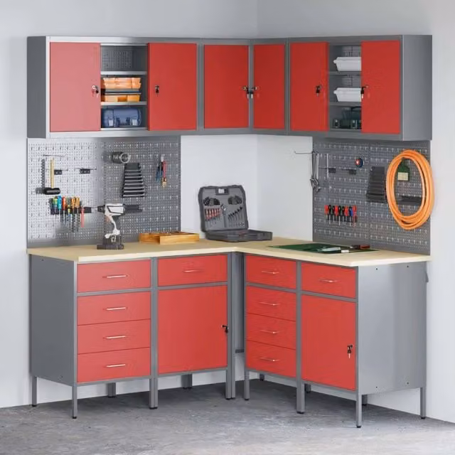 Set di mobili da lavoro con cassetto 12 pz Rosso e Grigio 3321513
