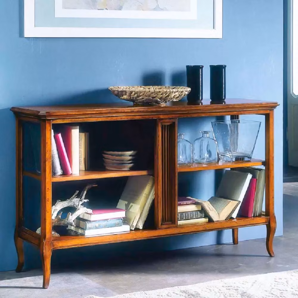 Libreria etagere classica Mobili 2G in legno e vetro marrone con finitura laccata L: 135 cm, P: 40 cm, H: 80 cm – 3