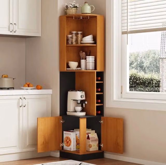 Mobile angolare alto 40×40×182 cm con portabicchieri e contenitore chiuso in MDF per cucina e soggiorno
