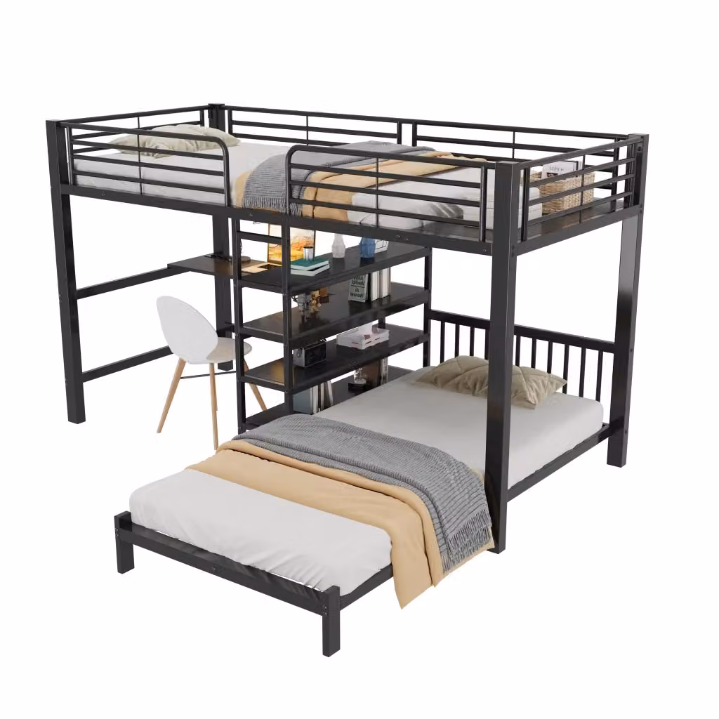 Letto a castello Chicfurn con scrivania, ripiani e prese USB Type-C, colore nero, L/P/H: 90 x 200 x 205 cm – 2
