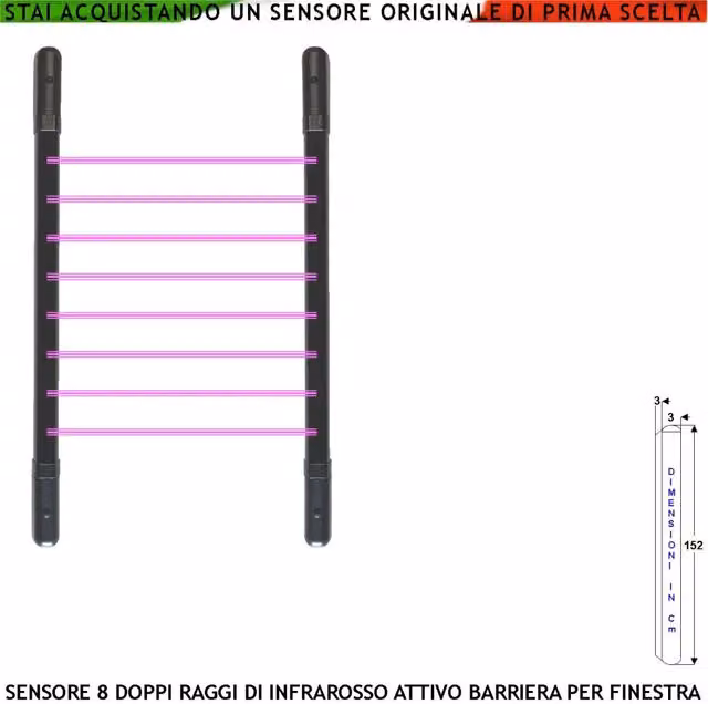 Barriera Infrarossi Attivi Securvera con 8 Multifasci, Sensore di Movimento Cablato in Alluminio, Relè Libero, Tamper ed Esclusione, H 152 cm x L 3 cm x P 3 cm