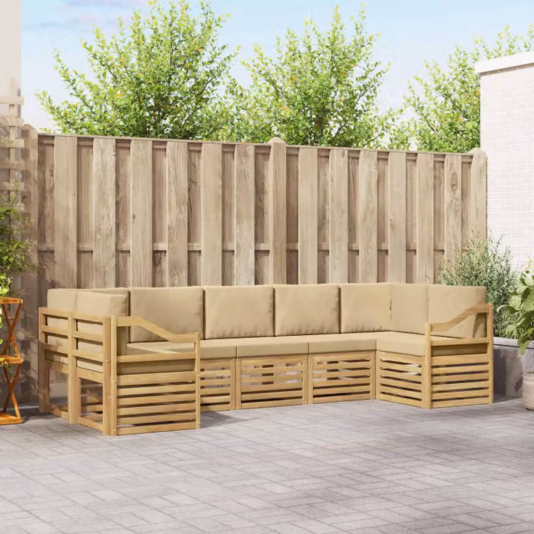 Set di divani da esterno vidaXL a forma di L composto da 7 pezzi in legno di acacia con cuscini bianchi e beige