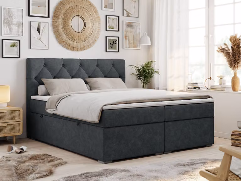 Boxspring con testiera trapuntata ALDA - 120x200 cm - Materasso multipocket H4 | Grigio Tessuto strutturato - Topper T25