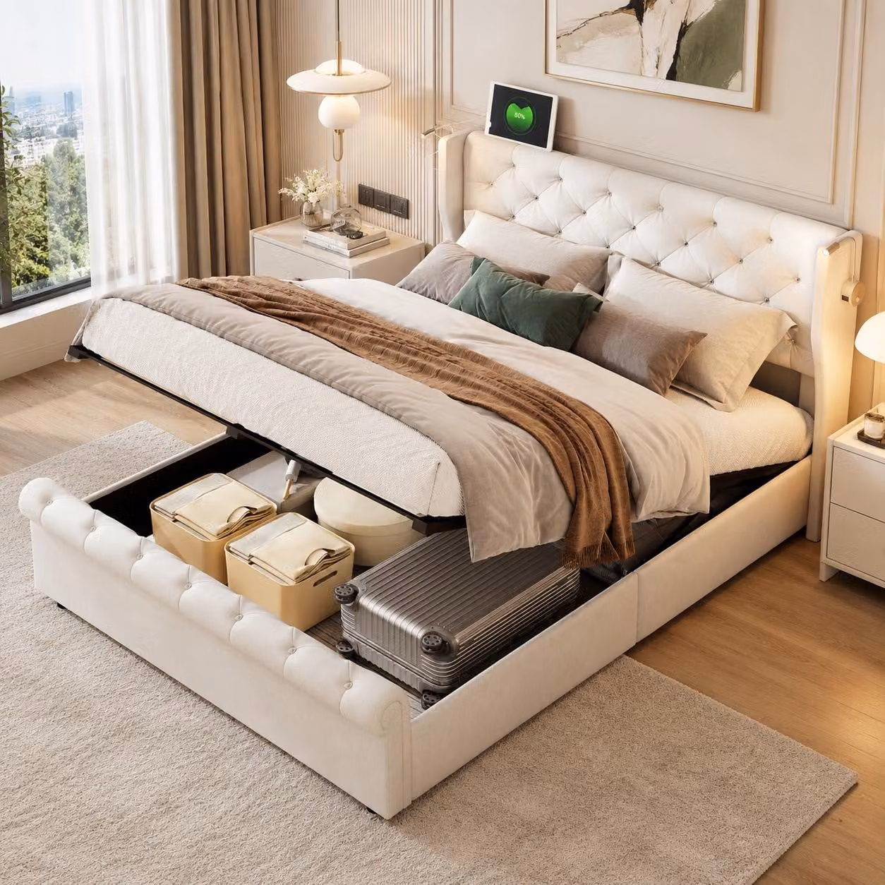 Letto idraulico INONEFT, 140 x 190 cm, letto imbottito con testiera reclinabile e spazio contenitore, letto per adulti con LED e USB, in velluto, color beige