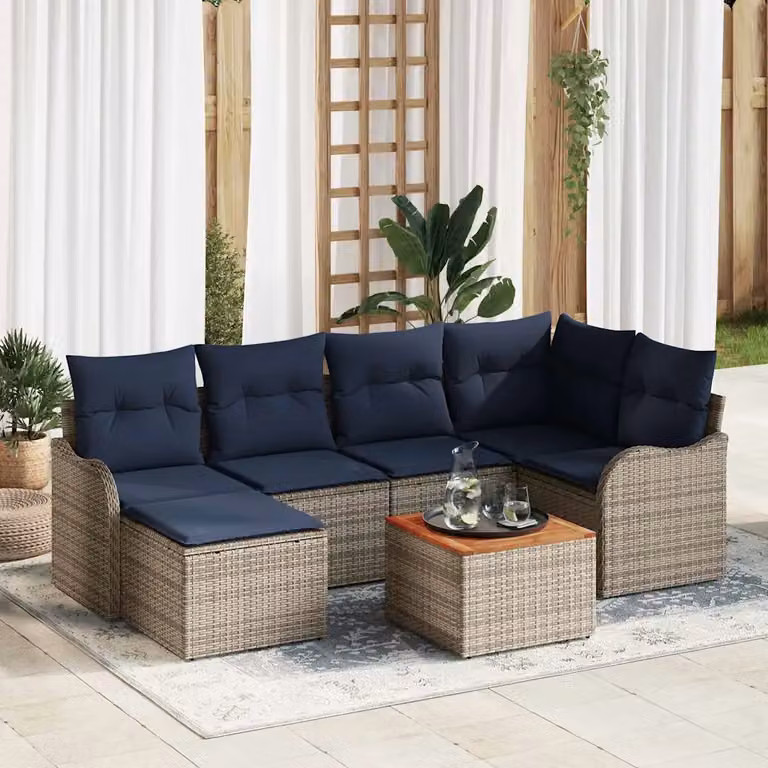 Set Divano da Giardino vidaXL 7 pz in Polyrattan Grigio e Blu con Cuscini e Tavolino da Esterno
