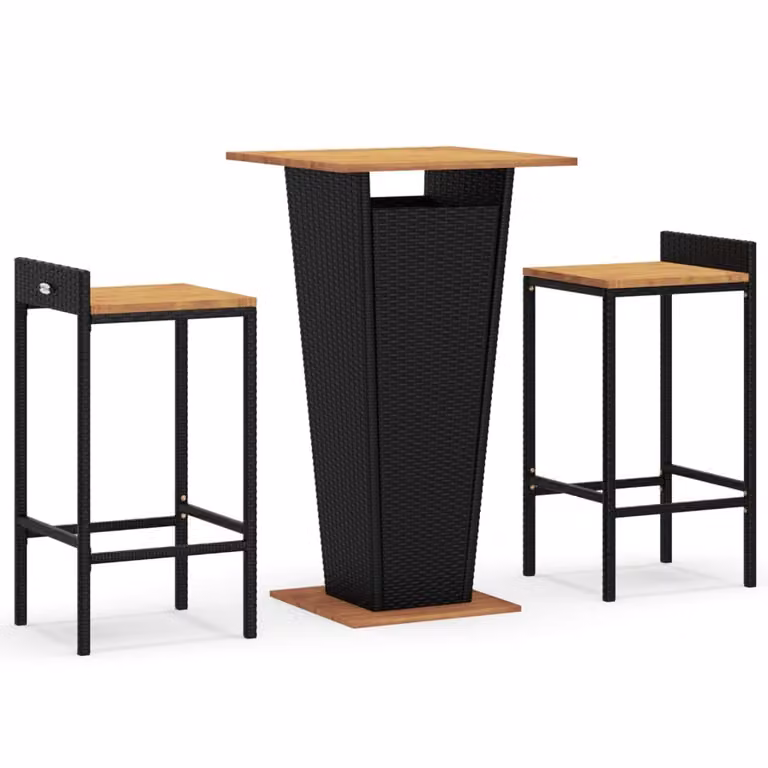 Set Bar Giardino 3 pz Nero Polyrattan e Legno Massello Acacia