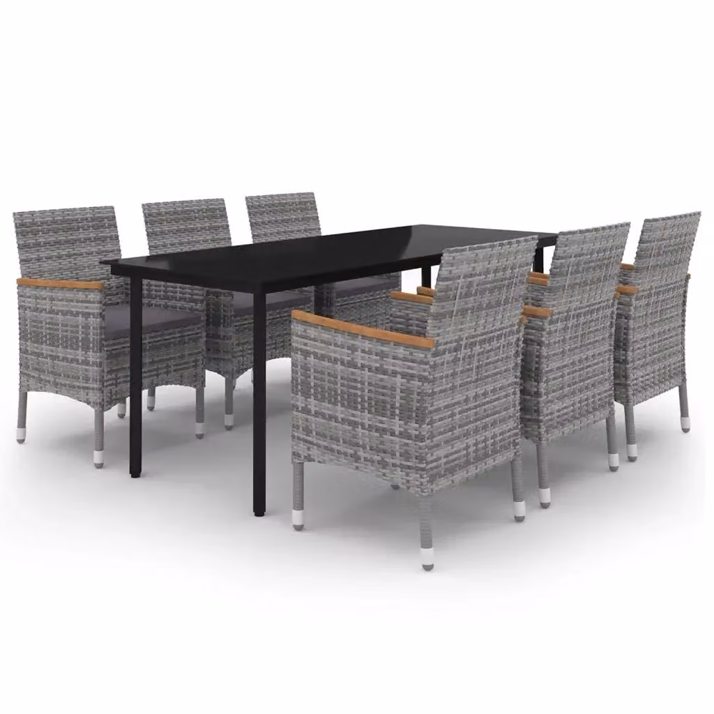 Set da Pranzo da Giardino vidaXL in Polyrattan e Vetro con Cuscini, 7 Pezzi, Grigio e Nero – 2