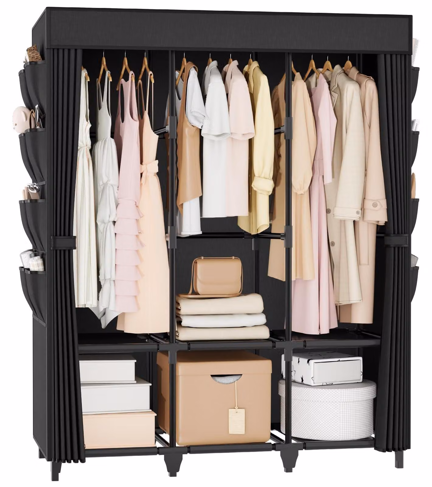 Armadio per abiti in tessuto con copertura, dimensioni 125 x 43 x 162 cm, dotato di 3 aste appendiabiti, 6 ripiani, 8 tasche laterali, ideale per