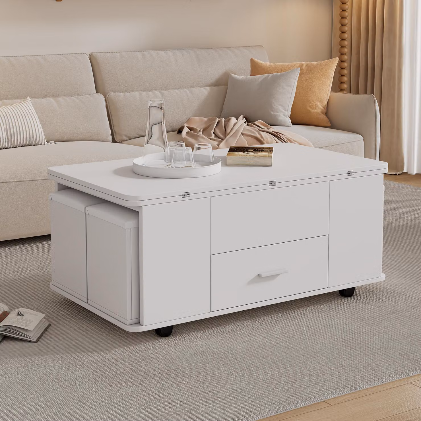 Tavolino multifunzione da salotto 4-in-1 con 4 sgabelli nascosti e meccanismo idraulico regolabile in altezza, Bianco, L: 100 cm, P: 50 cm, H: 45 cm – 2
