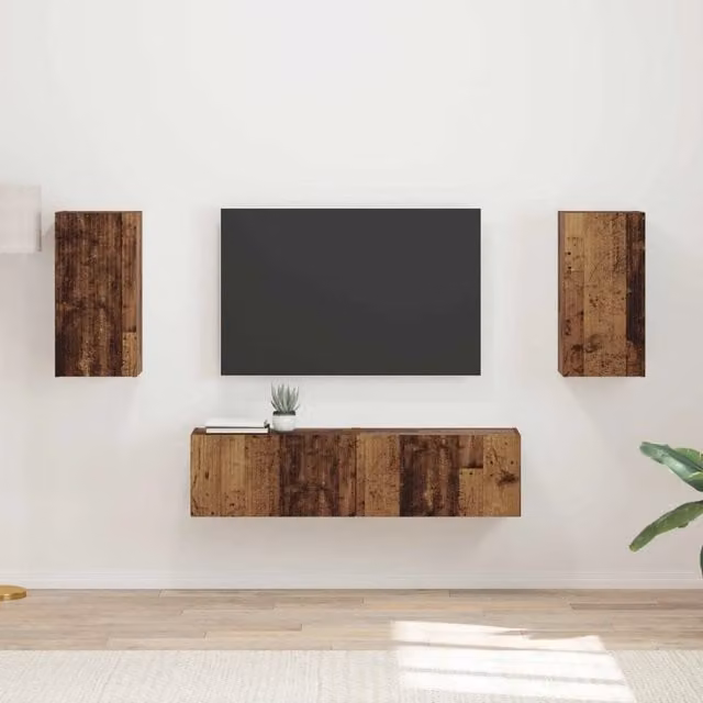 Set mobile TV moderno vidaXL in legno vecchio marrone composto da 4 pezzi con scomparti multimediali