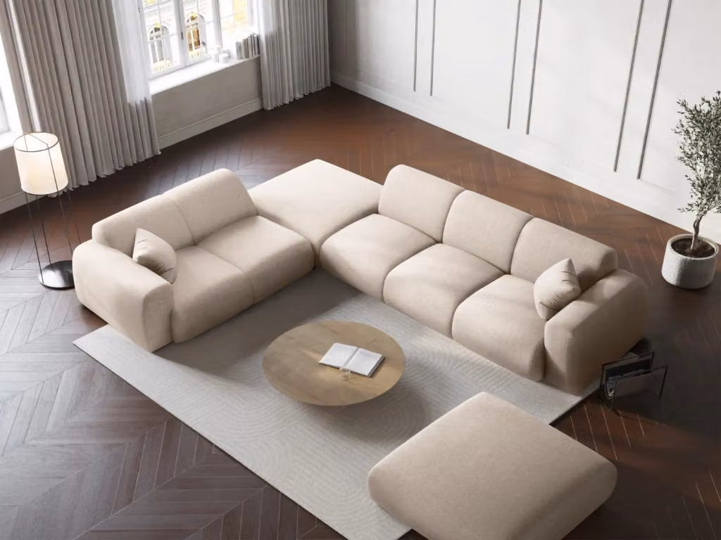 Divano angolare sinistro Nolio Cosmopolitan Design a 4 posti in ciniglia beige chiaro L 315 x P 148 x H 72 cm – 2