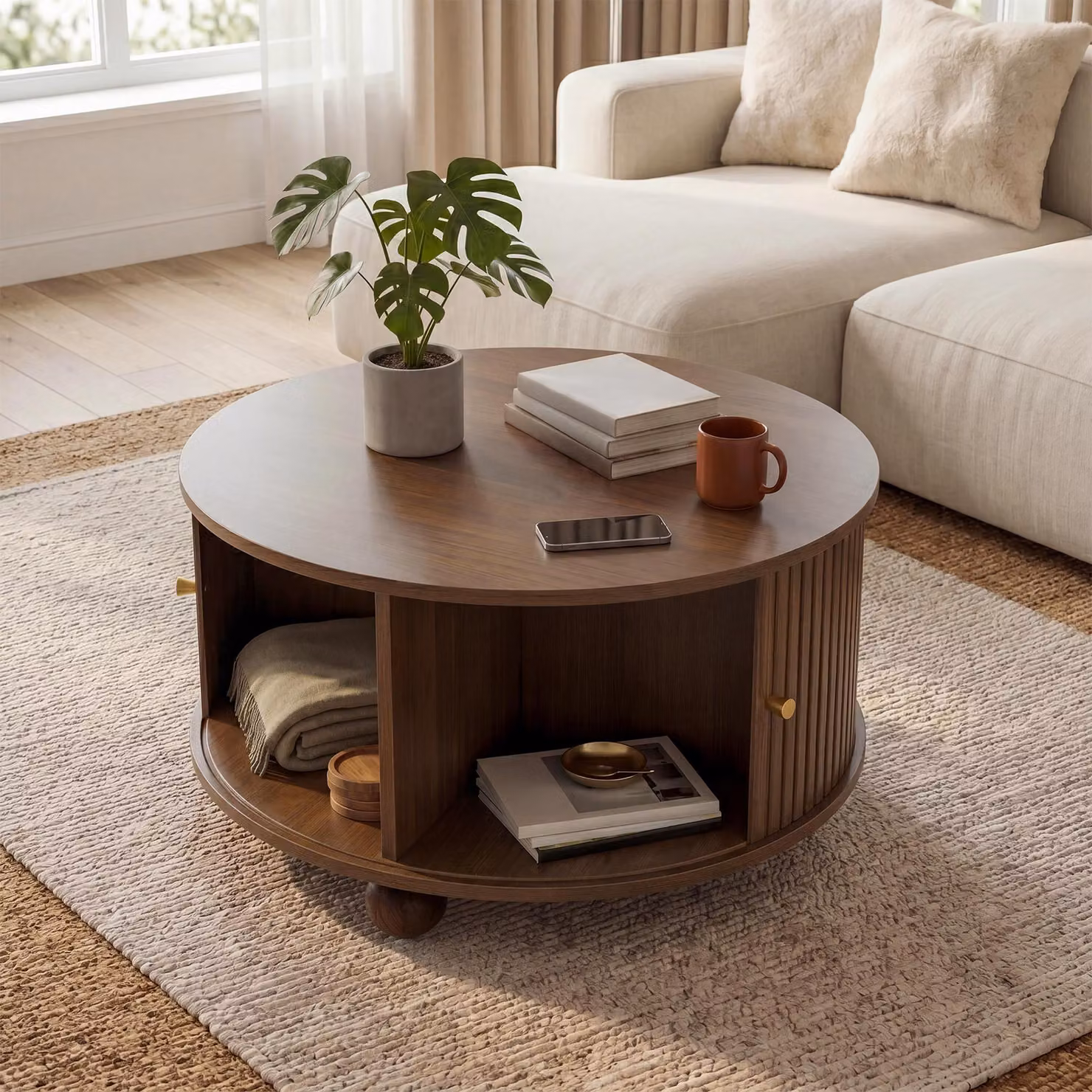 Tavolino rotondo Merax con ante scorrevoli e 4 scomparti, tavolino da salotto in MDF, tavolino con vano portaoggetti e gambe in metallo, design retrò, noce