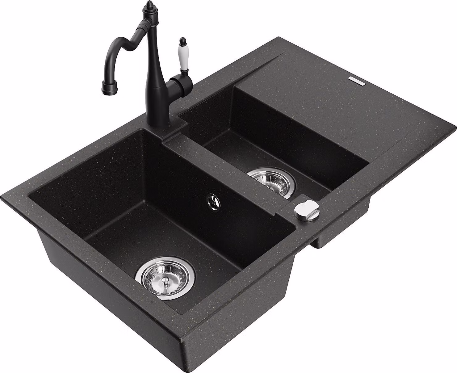 Mexen Gaspar lavello in granito 1,5 vasche con scolapiatti e rubinetto da cucina Carla, nero/oro metallizzato