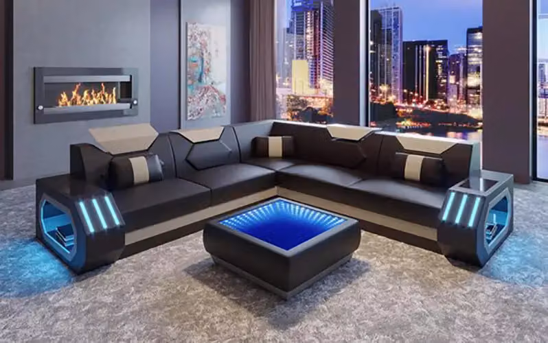Design Eckcouch Ecksofa Wohnzimmer Möbel Lederpolster Couch Sofa L-Form + Tisch