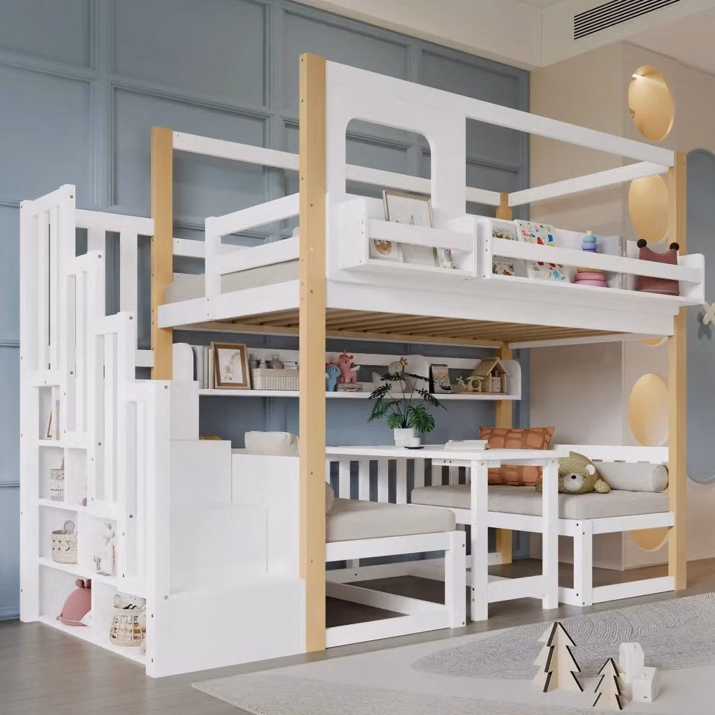 Letto a castello REDOM per bambini con tavolo ribaltabile, scale e scomparti laterali, Bianco e Beige, L/P/H: 200 x 90 x 181 cm – 2