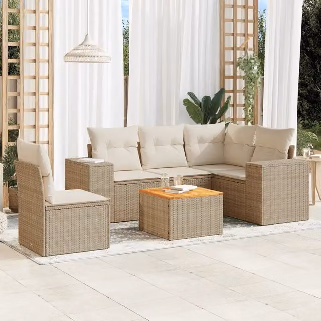 Set Divano da Giardino Moderno VIDAXL in Polyrattan con Cuscini Beige, 6 Posti, Forma a L