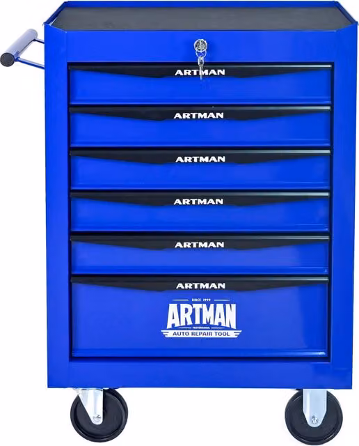 Mobiletto portautensili in acciaio con 6 cassetti su ruote, con piano di lavoro e serratura, disponibile in nero o blu, Altezza: 50,8 cm – 1