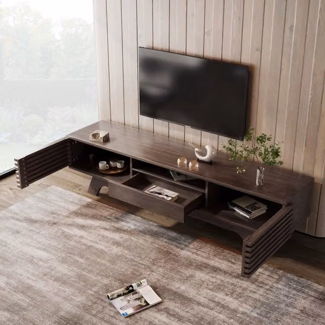 Mobile porta TV OKWISH in MDF effetto legno vintage marrone con 2 ante, 1 cassetto, vani aperti e passacavi, L 150 x P 35 x H 44 cm
