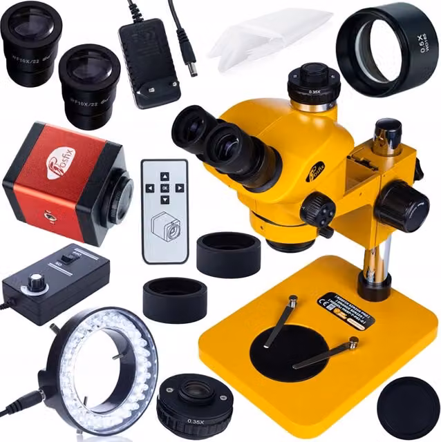 Microscopio Trinoculare Professionale Rosfix con Fotocamera FullHD 1/2.9 inch, Connessioni HDMI/VGA e Lente Barlow 0.5x C-mount, Colore Arancione e Giallo – 1